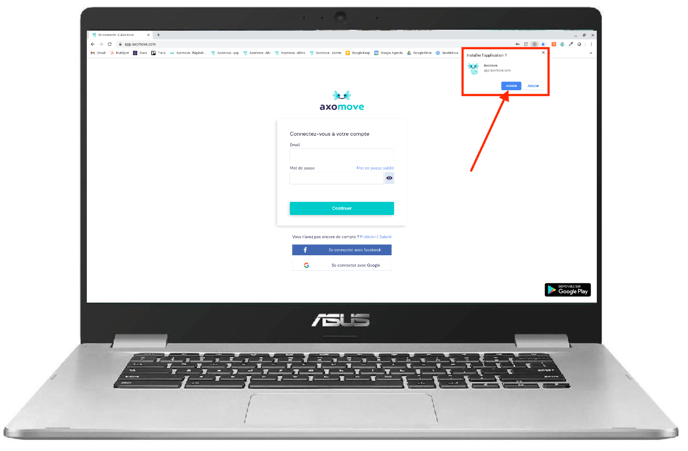 Pour installer Axomove sur Chromebook, cliquez ensuite sur installer