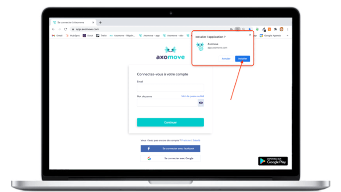 Pour installer Axomove sur Mac, cliquez ensuite sur "installer"