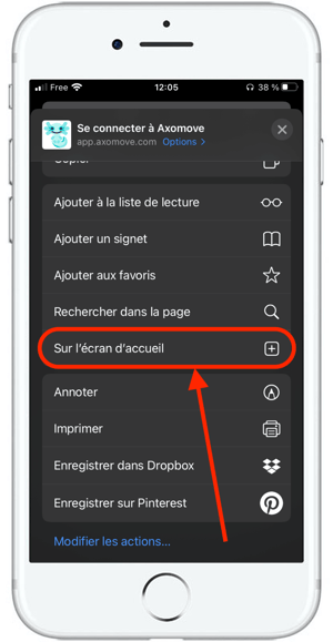 Dans le menu avec les différentes options, cliquez sur "sur l'écran d’accueil"