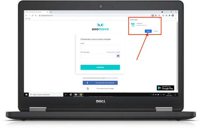 Pour installer Axomove sur votre pc, cliquez ensuite sur "installer"