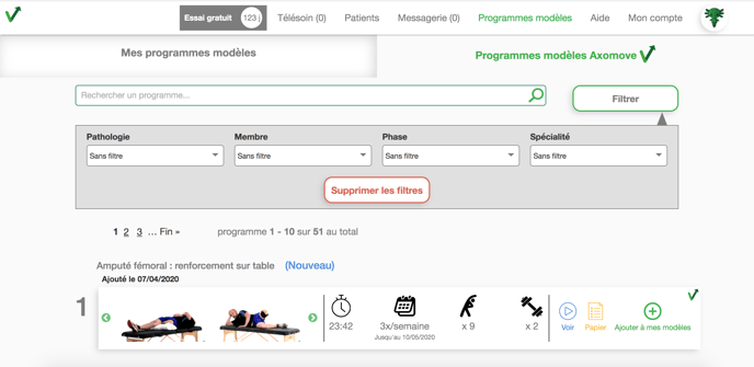Utilisez les filtres pour trouver un programme modèle Axomove