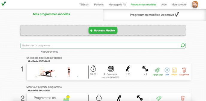 Retrouvez tous vos modèles dans la rubrique mes programmes modèles